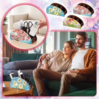 Novabright 3 Pcs Stained Glass Flower Diamond Art Organizer Storage Boxes DIY Wooden Flowers Diamond Painting Organizer Double Sided Drill Holder for Storing Small Objects Tabletop Centerpiece