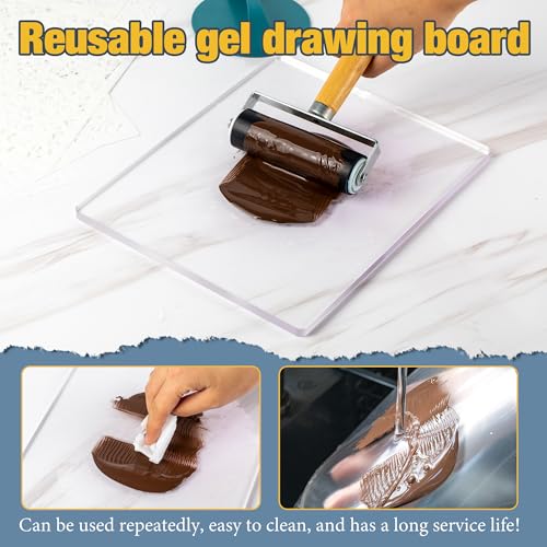 Funria Gel Printing Plate Kit with 8" X 10" Reusable Gel Printing Plate, Printing Paper, Baren, Stencils, Rubber Roller, Crafts Printmaking Supplies for Mixed Media Art Monoprinting Card Making - color: 4PC