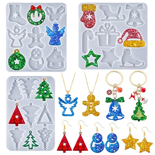 Christmas Resin Earring Molds with Varieties of Shapes and Sizes, Christmas Tree Snowman Angel Silicone Mold with Hole, Pendant Earrings Keychain Jewelry Resin Casting Mold New Year Gift