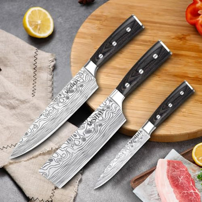 MOSFiATA Professional Chef Knife Set with German High Carbon Stainless Steel Kitchen Knife Set 3 PCSwith Finger Guard,Knife Sharpener,Knives Set for Kitchen with Gift Box - style: 3pcs knife set