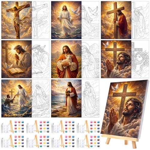 8 Sets 8" x 10" Jesus Pre Drawn Canvas to Paint for Sip and Paint Party Jesus Predrawn Coloring Set Pre Sketched Canvas Boards with Paints and Brushes for Adult - style: Jesus