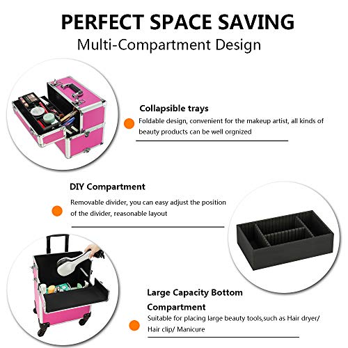 mefeir 3 in 1 Rolling Makeup Train Case, Aluminum Makeup Travel Organizer Cosmetic Case, Cosmetology Display Suitcase on Wheels, Beauty Storage Luggage Lockable w/4 Removable Wheels (Rose-Pink) - color: Rose Pink