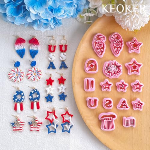KEOKER 4th of July Clay Cutters for Earrings - 16 Pcs fourth of July polymer clay cutters, Independence Day Stars Clay Earring Cutters - color: Colourful