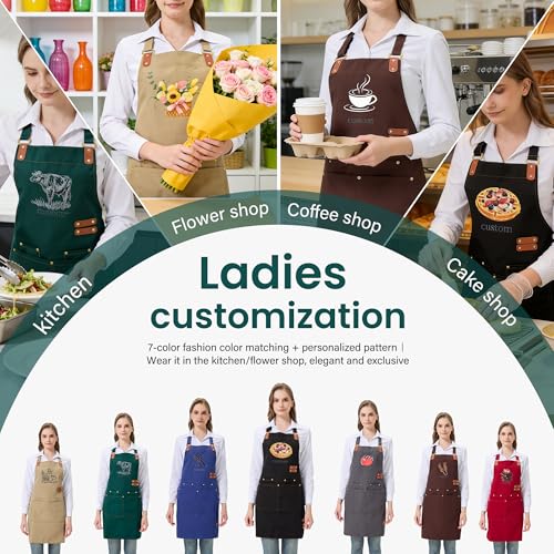 Personalized Waterproof Canvas Apron Custom Logo - Heavy Duty Cross Back 4 Pockets for Men Women Chef Barista - color: Grey