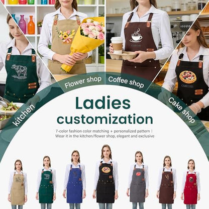 Personalized Waterproof Canvas Apron Custom Logo - Heavy Duty Cross Back 4 Pockets for Men Women Chef Barista - color: Blue