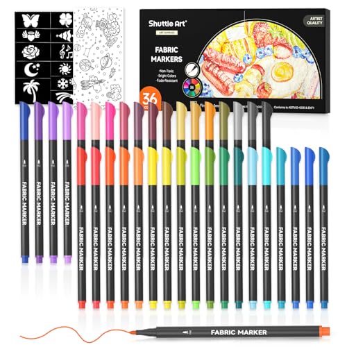 Shuttle Art 36 Colors Fabric Markers, Permanent Markers for T-Shirts Clothes Sneakers Jeans with 11 Stencils 1 Fabric Sheet, Permanent Shirt Pens for Adult DIY Painting Writing - color: 36 Colors