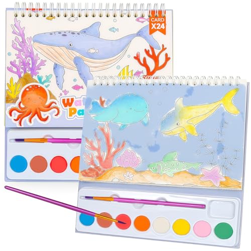 JCREN Paint with Water Books for Kids, Watercolor Coloring Book Mess Free Watercolor Painting Set, Arts and Crafts Water Color Paint Kit Birthday Gifts for Kids Toddlers 3-5 Boys Girls(Sea) - color: Happy Ocean