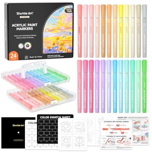 Shuttle Art Automatic Ink Control Acrylic Paint Markers, 24 Pastel Colors Brush Tip Acrylic Paint Pens for Rock Painting, Ceramic, Wood, Canvas, Glass, Stone, Fabric, Card Making, DIY Football Crafts - color: 24 Pastel Colors Brush Tip