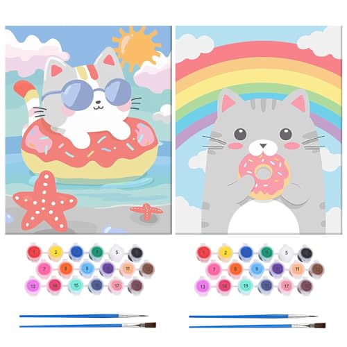 MAXBYE 2 Pack Paint by Numbers Kit for Kids Ages 8-12, Cute Cat Donut Paint by Number with Pre Drawn Canvas Boards, Easy Acrylic Arts and Crafts Oil Painting for Kids Home Wall Decor 8x8 in - color: BK2ZH001
