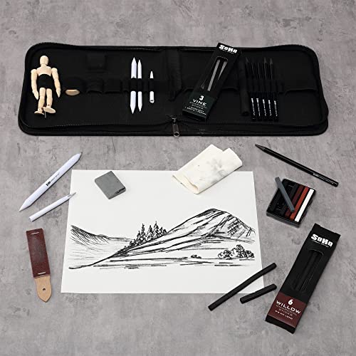 Soho Urban Artist Charcoal Drawing Set With Manikin in Zipper Case - Drawing Charcoal for Artists, Students, Blending, Live Figure Drawing, & More! - [Black - Drawing Set + Zipper Case] - size: 20 Count (Pack of 1)