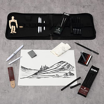 Soho Urban Artist Charcoal Drawing Set With Manikin in Zipper Case - Drawing Charcoal for Artists, Students, Blending, Live Figure Drawing, & More! - [Black - Drawing Set + Zipper Case] - size: 20 Count (Pack of 1)