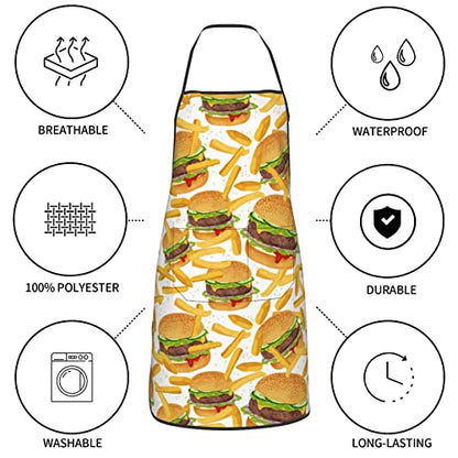 Mexican Floral Aprons, Waterproof Adjustable Apron for Kitchen Bbq with 2 Pockets, Gifts for Women Men - color: Delicious Burger and Fries