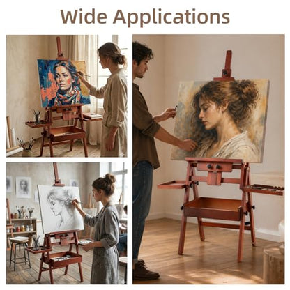 Large Horizontal Wooden H-Frame Studio Easel with Storage Drawer and Palettes, Solid Beechwood Painting Easel for Students, Beginners, and Artists, Hold Canvas to 50Inches High,Walnut - style: Horizontal Walnut