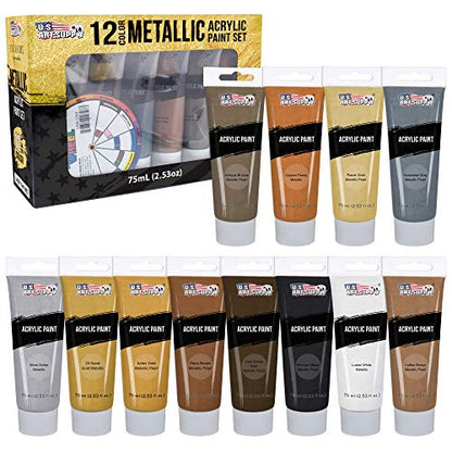 U.S. Art Supply Professional Metallic Acrylic Paint Set - 12 Rich Metallic Colors, 75ml Tubes - Craft Paint for Canvas, Wood, Rock, Model Painting - style: 12 Colors