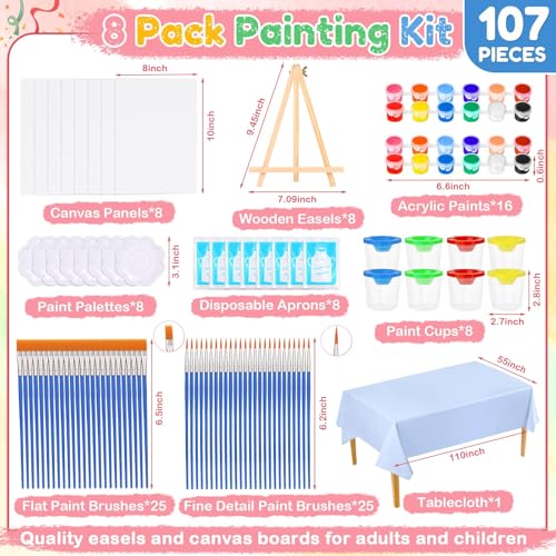8 Pack 8x10 Inch Canvas Painting Kit, 107 PCS Canvas Boards for Painting with 50 Brushes & Paint Trays & Acrylic Paint & No Spill Cup & Apron & Tablecloth, Mini Painting Canva with Easel Set for Party - color: Rich Colors-8 pack