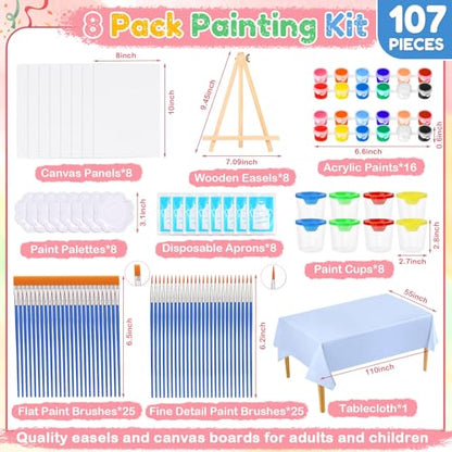 8 Pack 8x10 Inch Canvas Painting Kit, 107 PCS Canvas Boards for Painting with 50 Brushes & Paint Trays & Acrylic Paint & No Spill Cup & Apron & Tablecloth, Mini Painting Canva with Easel Set for Party - color: Rich Colors-8 pack