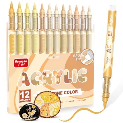 Guangna 12 Skin Tone Acrylic Paint Markers, Skin Color Brush Tip Acrylic Paint Pens for Pumpkin Paint, Rock Painting, Wood, Glass, Paper, Coloring Book, Ceramic, Canvas, DIY Crafts, Water-Based Ink - color: Skin Tone