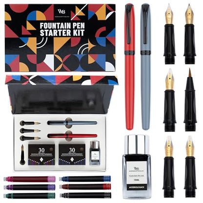 Wordsworth and Black Fountain Pen Set - Grey - Includes 2 Pens, 18 ML Ink Bottle, 60 Ink Cartridges, A Refill Converter, 1 Medium and 4 Broad Nibs, Brush Pen - Fountain Pen Kit for Beginners - color: Red and Grey