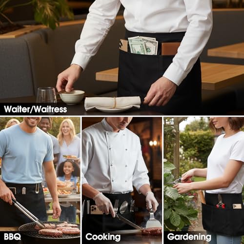 BOHARERS 3-Pocket Waist Apron With Black And White Plaid Shoulder Straps - Black Waitress Waiter Server Short Aprons - color: A2-1 Pack Black and White Plaid Straps