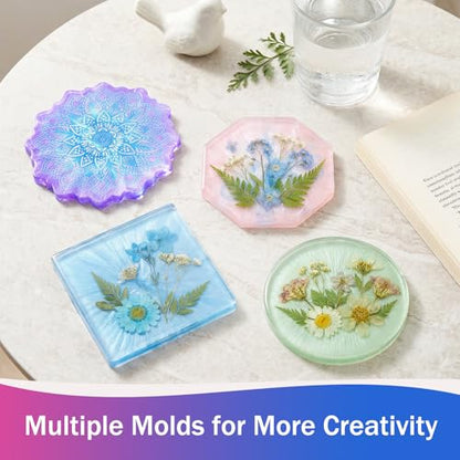 KISREL Epoxy Resin Kit for Beginners, 12OZ Resin Kit with Silicone Coaster Molds, Complete Accessories Include Mica Powders, Dried Flowers, Measuring Cups and Other Resin Supplies for DIY - size: 12oz kit