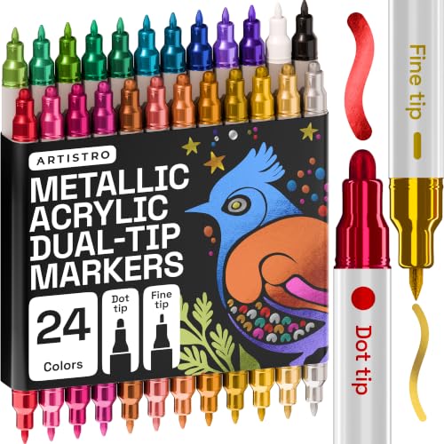 ARTISTRO 24 Metallic Dual-Tip Acrylic Paint Markers – Paint Pens Set with Dot & Fine Tips for Fabric, Rock, Glass, Wood, Coloring Books – Arts & Crafts Gift – Classroom Must Haves & School Supplies - style: Metallic