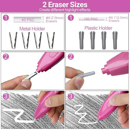AFMAT Electric Eraser, with 140 Eraser Refills, Rechargeable Pencil Erasers for Artists, Electric Erasers for Drafting, Drawing, Painting, Sketching, Architectural Plans, Detailer Tool EE25(Rose Red) - color: Rose Red