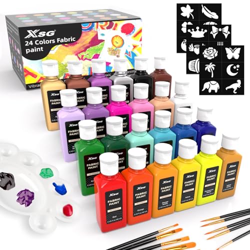 24 Colors Fabric Paint For Clothes Permanent, Soft Fabric Paint in Bottles with 10 Brushes ，Stencils& Palette,Non-Toxic Textile Paint for Shoes，Jeans ，Bags& DlY Projects(60ml/2oz) - color: 24 Colors
