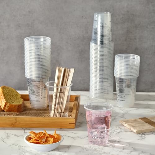 80pcs Paint Mixing Cups, DV 8oz Graduated Clear Plastic Measuring Cups with 80pcs Wooden Stirring Sticks for Mixing Paint, Pigments, Epoxy Resins, Resins