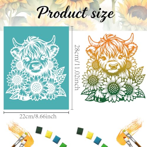2 Pcs Highland Cow Silk Screen Stencil, Sunflower Self-Adhesive Reusable Silk Screen Printing Stencils Template for Painting on Wood, Fabric, Walls, Garden Decor & DIY Crafts - style: Sunflowers Cow