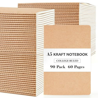 feela 90 Pack Kraft Notebooks Bulk, Lined Travel Journals Note Pad Notebooks for Men Women Girls Students, Making Plans Writing Memos Office School Supplies, A5, 60 Pages, 8.3” X 5.5” - style: Lined-90 Pack