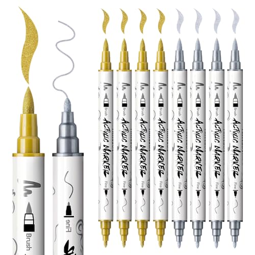 TRANSON 4 Gold and 4 Silver Paint Markers Brush and Fine Dual-tip Acrylic Paint Marker Set for Rock Painting Glass Canvas Wood Leather Ceramic Painting - style: Brush and Fine 4 Gold and 4 Silver