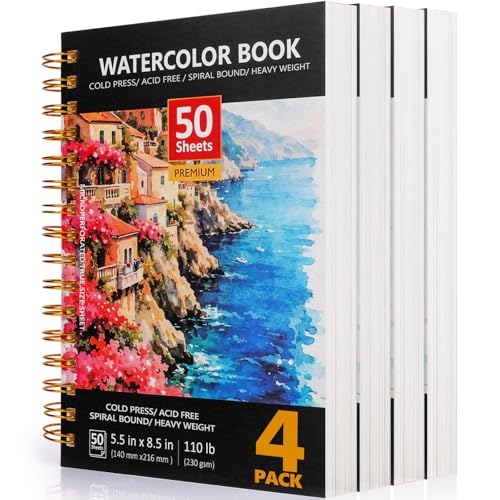Watercolor Paper,Cold Press Water Color Paper,Pack of 4,50 Sheets Each | 5.5x8.5 Inches Watercolor Paper Pad,110lb/230gsm Watercolor Sketchbook,Acid Free Art Paper - size: 4 Packs