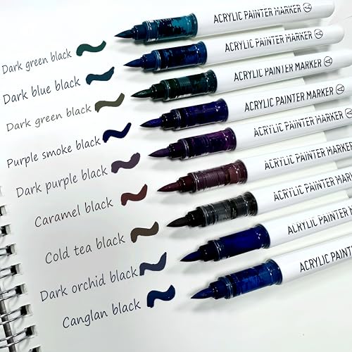 Brush Tip Acrylic Markers, 9 Colors Water Based Acrylic Paint Pens for Rock Painting, Journaling, Wood, Glass, Adult Coloring Books, Art & Journaling Supplies (Colorful Black Series) - style: Colorful Black Series