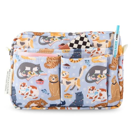 Portfolio Organizer with Multiple Pockets, Waterproof Travel Zippered Toiletry Bag, Portable Storage Pencil Pouch for Notebooks, Stationeries, Make-up, Journal Office Art Supplies.Blue Cat - color: Blue Cat