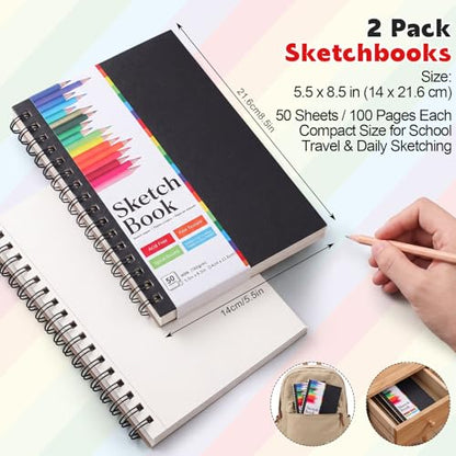 5.5" x 8.5" Small Sketch Book, 2 Pack Mini Sketchbook Drawing Pad, 68lb/100gsm Spiral Bound Sketch Book for Kids Students Beginner Artists Drawing Painting Sketching - size: 5.5x8.5