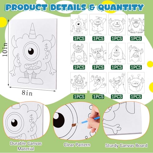 Ireer 12 Set Paint Party Set 8 x 10 Sip and Paint Kit Include 12 Printed Pre Drawn Canvas Panel, Wooden Easels, Palettes, Pots, Apron 36 Brushes for Adult Art DIY Party(Monsters) - style: Monsters
