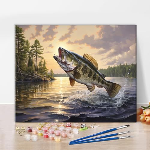 TUMOVO Paint by Numbers Kit for Adults Largemouth Bass Paint by Numbers for Adults Fish Jumping Out of Water Painting Adult Paint by Number Kits on Canvas Oil Painting Art Crafts 16x20 in - color: Artwork-05