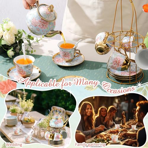 Zhehao 20 Pcs Porcelain Tea Set with Metal Holder and Spoon Adult Ceramic Tea Set European Flower Painting Teapot Cup Saucer Spoon for Women Mom Gift, Large Version (Vivid Style) - color: Vivid Style