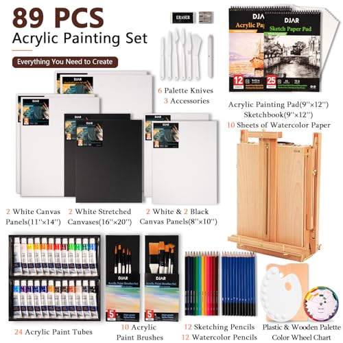 DJAR 89 Pcs Acrylic Paint Set with Wooden French Easel for Adults | Professional Painting Kit Includes 24 Color Acrylic Paint, Canvas, Brushes & Art Supplies for Students, Beginners