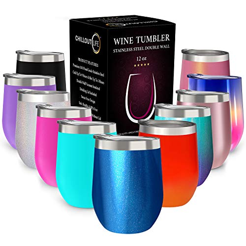 CHILLOUT LIFE 12 oz Stainless Steel Wine Tumbler with Lid - Double Wall Vacuum Insulated Wine Cup Glass Keeping Cold & Hot for Coffee, Champagne, Cocktails, Ice Cream - Blue Sparkle - color: Blue Sparkle, style: 1 Pack