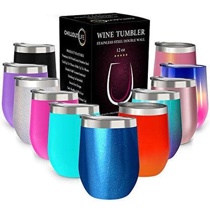 CHILLOUT LIFE 12 oz Stainless Steel Wine Tumbler with Lid - Double Wall Vacuum Insulated Wine Cup Glass Keeping Cold & Hot for Coffee, Champagne, Cocktails, Ice Cream - Blue Sparkle - color: Blue Sparkle, style: 1 Pack