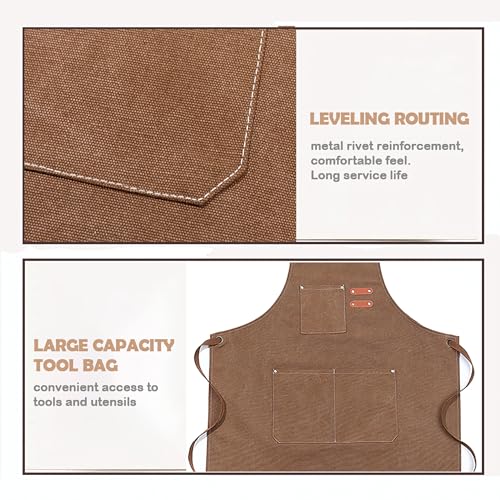 Multi-Pocket Waterproof Oil-Proof Canvas Cotton Apron Cross-Back Adjustable Straps For Chefs Barbers Carpenters - color: Brown