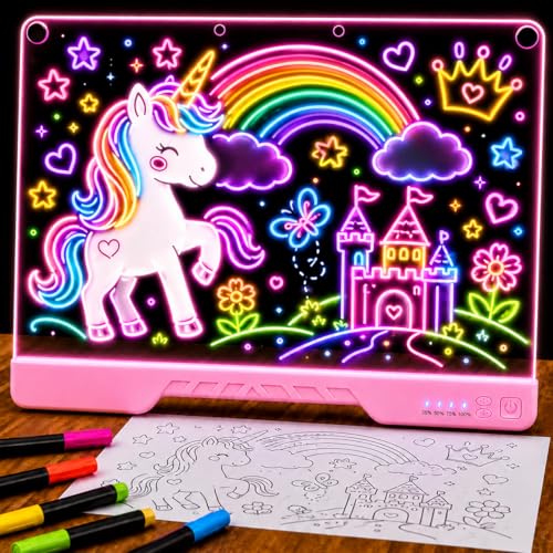 Upgraded 16” LED Drawing Board – Rechargeable, 7 Colors, 10 Light Modes, Adjustable Brightness – Acrylic Light Board for Tracing with Stand, Markers and Full Kit – Birthday Gift Set (Pink) - color: Pink