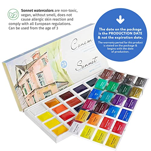 Sonnet Student Grade Watercolor Paint Set 24 Full Pans 2.5ml Vibrant Colors for Artists and Beginners in Cardboard Box by Nevskaya Palitra