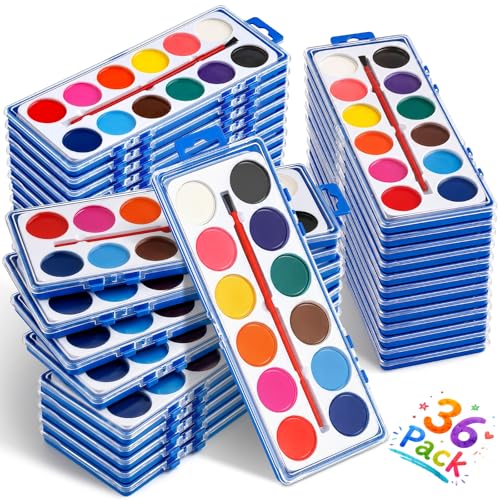 36 Pack Watercolor Paint Set, Washable Watercolor Paint Bulk for Kids, Water Color Paint with Paint Brushes, Ideal Gifts for Party Favors, School Supplies & Classroom Prizes, Art Activities, 12 Colors