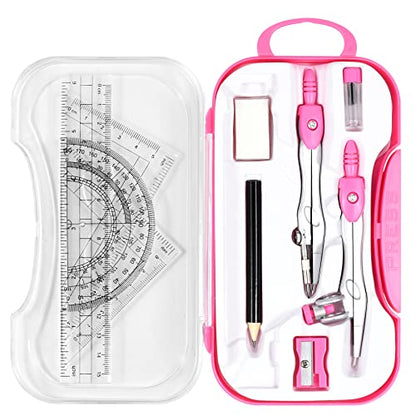 Unjoo Math Geometry Kit Sets 10 Piece Student Supplies with Shatterproof Storage Box,Includes Rulers,Protractor,Compass,Eraser,Pencil Sharpener,Lead Refills,Pencil,for Drafting and Drawings（Pink） - color: Red