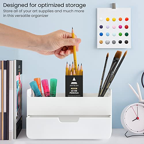 ARTEZA Small Desk Organizer with Drawer – Portable White Caddy with Pen Holder, Lightweight Office Supply Storage for Desk, Classroom, or Dorm - style: 4-Compartment & 1 Drawer