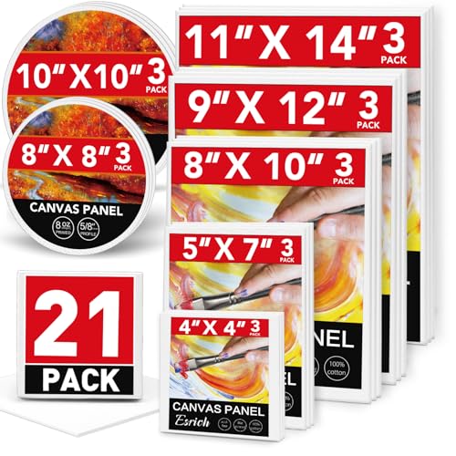 ESRICH Canvas Boards for Painting-21 Pack Blank Flat Canvas Boards-4x4, 5x7, 8x10, 9x12, 11x14, Round Canvas D8, D10, Cotton Primed Canvas Panels, Painting Canvas for Oil, Acrylic, Watercolor. - style: 21 Packs Canvas Panel - 7 Sizes(3 of Each)