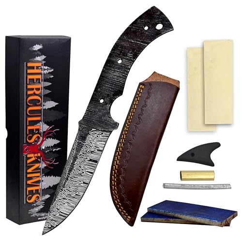 Custom Hand Forged Damascus Steel Blank Blade Knife Making Kit Hunting Knife Leather sheath, Pin, Scale, Camping Blade Damascus Blade Billet Handmade Knives Making Supply (BK-K) - color: BK-K