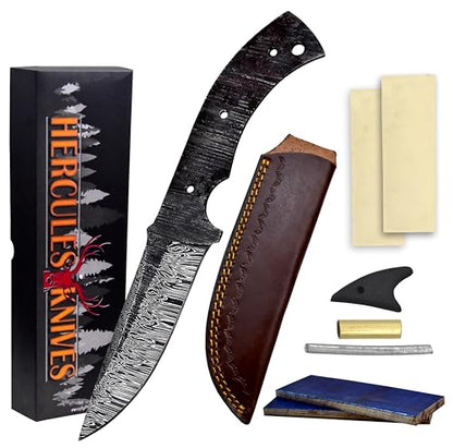 Custom Hand Forged Damascus Steel Blank Blade Knife Making Kit Hunting Knife Leather sheath, Pin, Scale, Camping Blade Damascus Blade Billet Handmade Knives Making Supply (BK-K) - color: BK-K